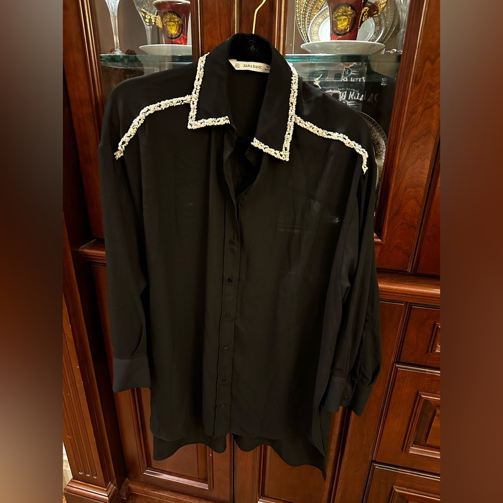 Zara sheer and pearl button down blouse
